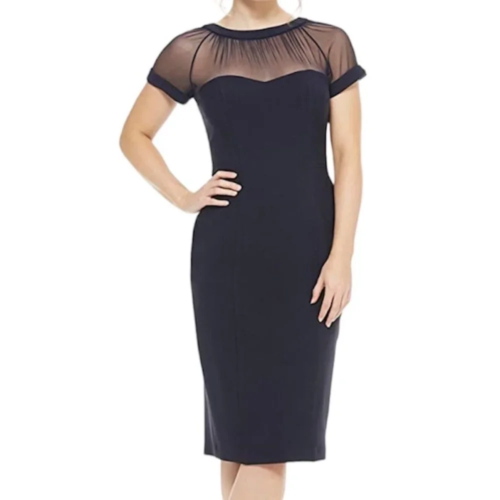 MAGGY LONDON Illusion Yoke Crepe Cocktail Dress in Navy 6 Petite - Picture 3 of 10